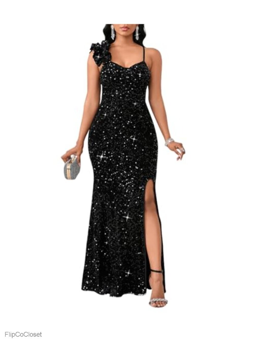 Sequin Mermaid Formal Maxi Dress One Shoulder Sleeveless Bodycon